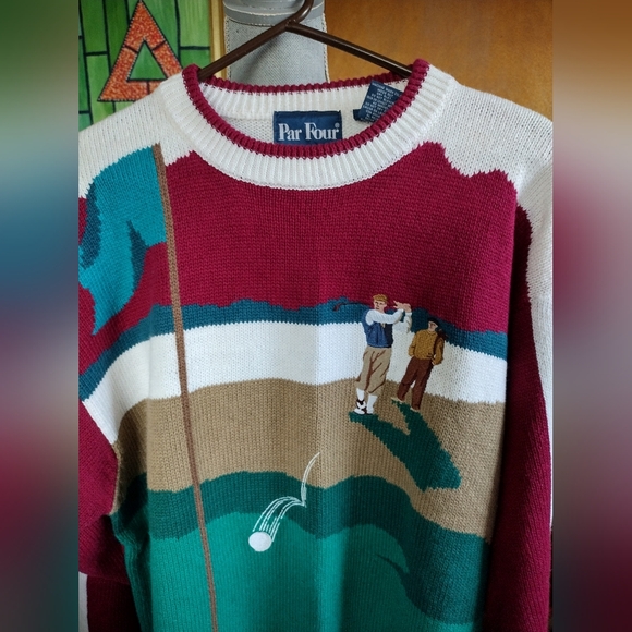 Vintage Par Four Men's Pullover Sweater Graphic Golf Maroon Green White Sz L - Picture 2 of 6